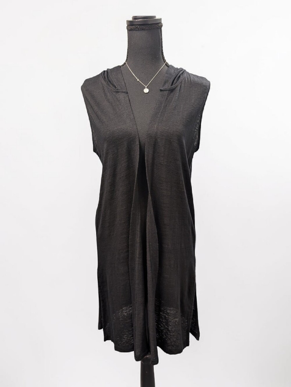 Antibes Blanc 100% Linen Black Hooded Open Cardigan Duster Sleeveless Beach Cove